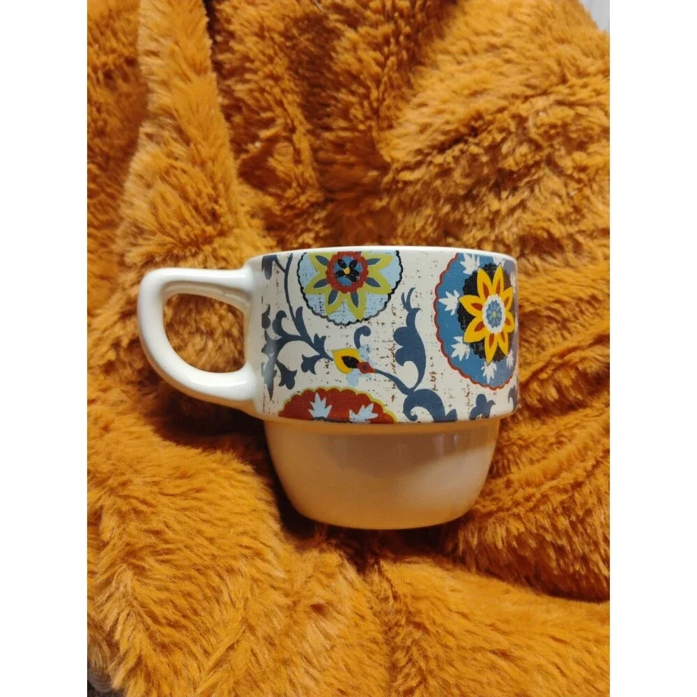Pier 1 Imports 8 Oz 1 pc Stacking Stoneware Coffee Mug Floral Flowers